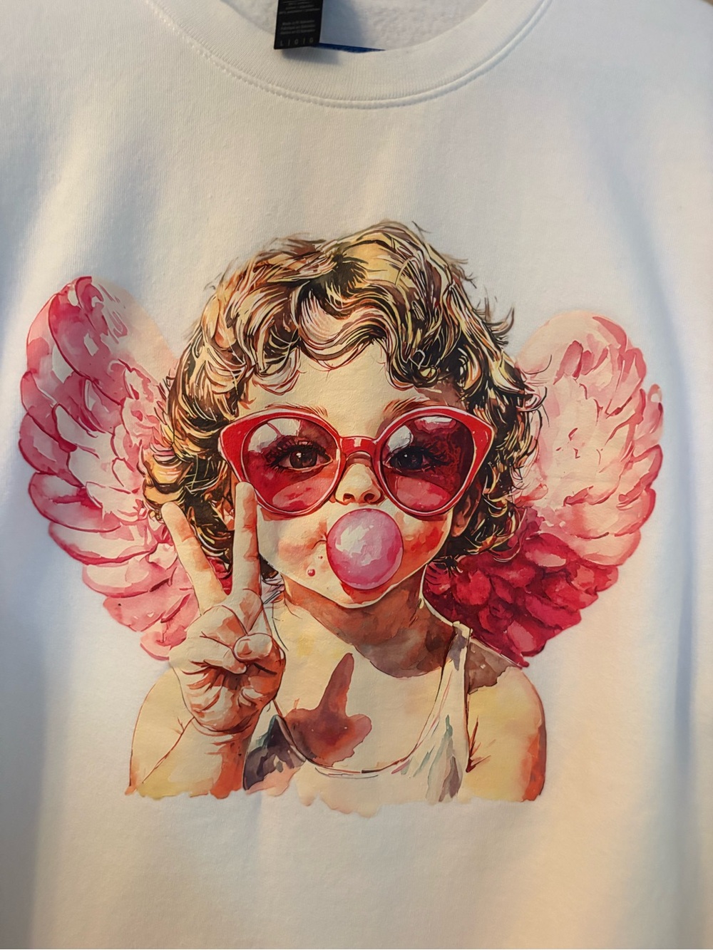 Graphic Angel Cherub Bubblegum Pink Sunglasses Sweatshirt White Size Large - Picture 4 of 12